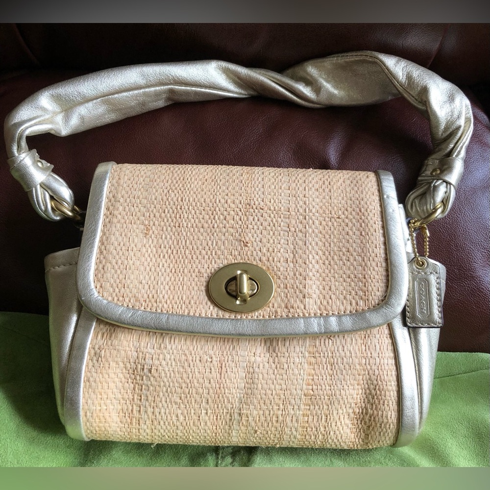 Coach Mini Bag in Metallic Silver Leather and Woven Beige